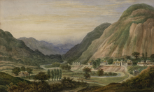 Dinas Mawddwy, looking south with Moel Dinas on the right, painted in 1830 by Alphonse Dousseau.