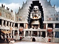 The 37-foot tall model of the temple of Dagon. Dagon Temple Set from Samson and Delilah.jpg