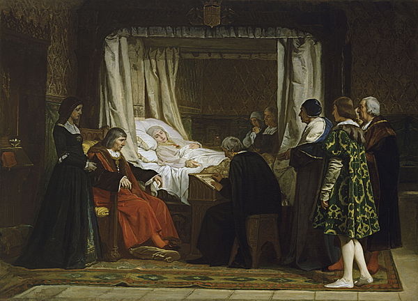 An 1864 depiction of Queen Isabella dictating her will; her husband is sitting beside her bed in red.
