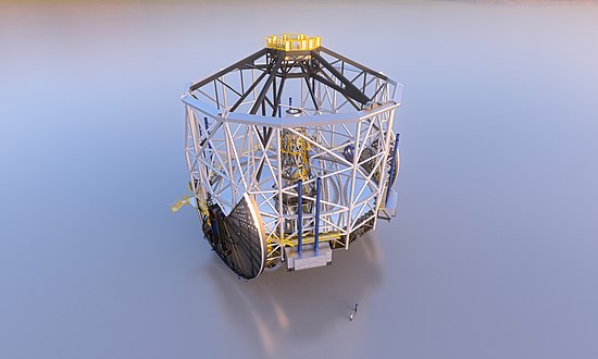 La structure d'altitude qui supporte les différents miroirs et qui permet de pointer le télescope en hauteur en pivotant verticalement (vue d'artiste).