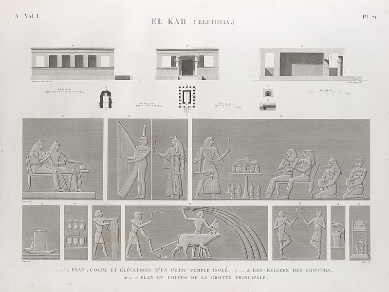 Pl.71 - 1-4. Plan, coupe et élévations d'un petit temple isolé 5-15. Bas-reliefs des grottes 16-18. Plan et coupes de la grotte principale