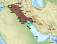 اکد سلطنت کا نقشہ (بھوری), فوجی مہمات منعقد (زرد رنگ تیر)
