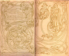 Endpapers of the original 1906 run of the Everyman's Library. The art signed "RLK" is heavily based on that of William Morris and his Kelmscott Press, whereas the quotation is derived from the medieval play Everyman End papers.jpg