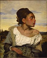 Eugène Delacroix: Jong weesmeisje op het kerkhof, 1824, als voorbeeld van de romantische portretkunst, waarbij emoties duidelijk zichtbaar worden gemaakt.
