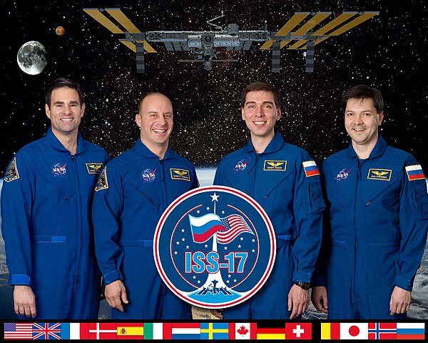 (Left to right) Greg Chamitoff, Garrett Reisman, Sergei Volkov, Oleg KononenkoISS expeditions← Expedition 16Expedition 18 →