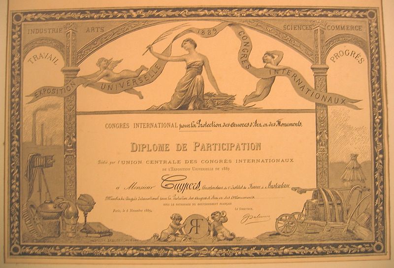 File:Exposition Universelle 1889 congrès internationaux - Diplôme de participation dédié à Monsieur Cuypers Cuypershuis 0505.jpg