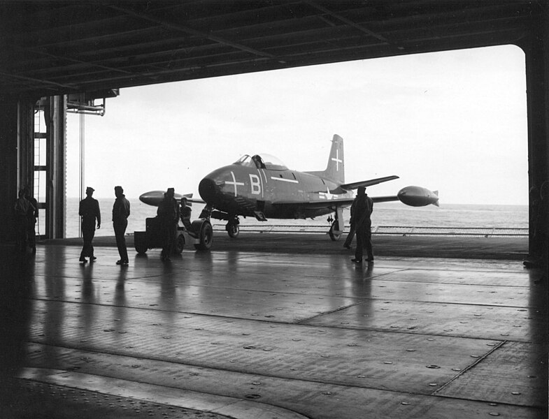 File:FJ-1 on carrier deck edge elevator c1948.jpeg