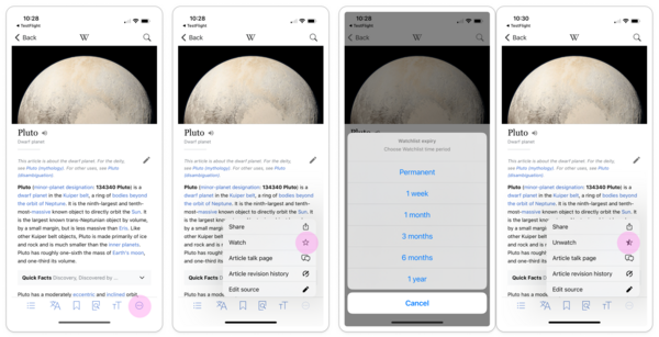 4 screenshots from the iOS app showing the Pluto article. First shows a highlight on overflow menu in bottom right, second highlights Watch, third shows the different choices for Watchlist expiry, and fourth shows highlight on Unwatch