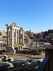 The Roman Forum, the political, economic, cultural, and religious center of the city during the Republic and later Empire Foro romano dal campidoglio 04.JPG