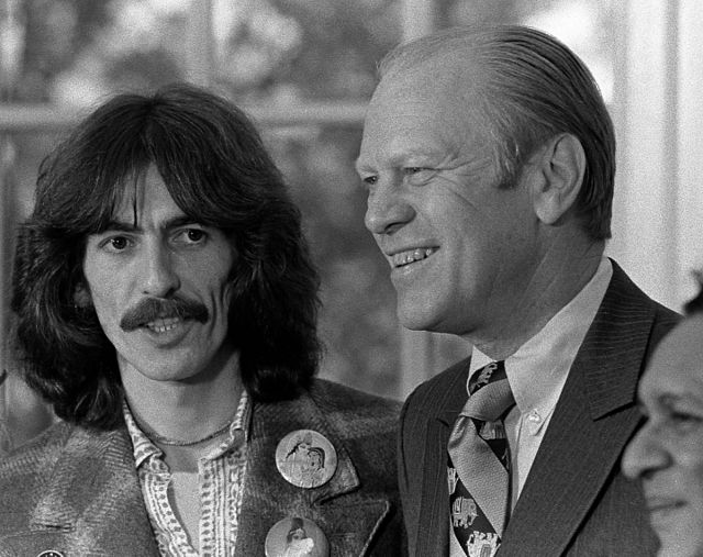 Harrison, US president Gerald Ford and Ravi Shankar at the White House in December 1974, towards the end of the tour