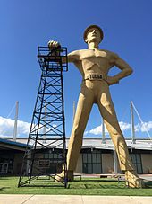The iconic Golden Driller, built in 1953 for the 1953 International Petroleum Exposition, now stands at the Tulsa County Fairgrounds. Golden Driller.jpg