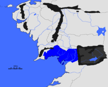 Gondor (modře) na počátku vlády správců.