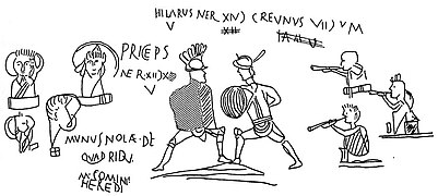 Graffito[38] mit Dipinti – „Fan“-Darstellung von Gladiatorenkämpfen