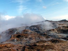 Mud pools and steam vents of the Gunnuhver geothermal area on the Reykjanes Peninsula, Iceland