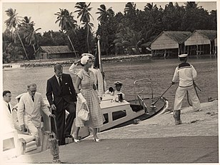 Queen Elizabeth and Prince Philip arrive at the Cocos Islands, April 1954.