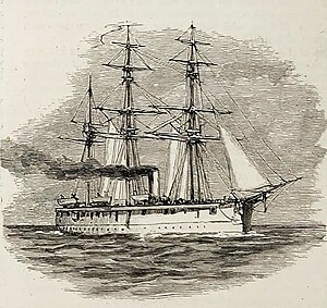 HMS Constance steaming to the scene of the (San Pueblo) disaster - The Graphic 1888 (cropped).jpg
