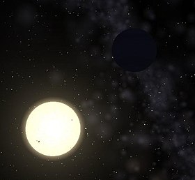 Hamal acompanhada de seu planeta, simulada no software Celestia.