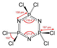 Fórmula convencional do hexaclorofosfazeno e comprimentos de ligação
