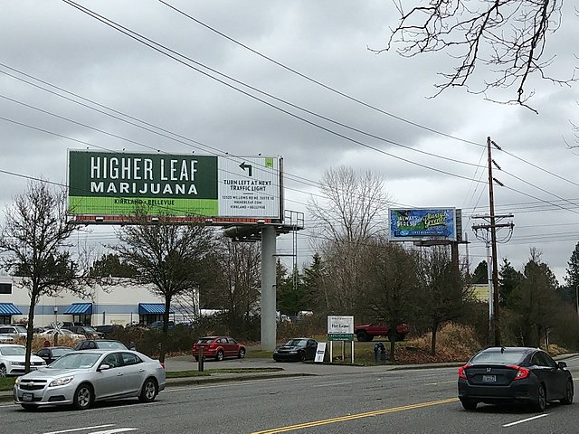 A billboard for a marijuana dispensary in Washington. Washington was one of the first two states to legalize the plant, and California is home to the 