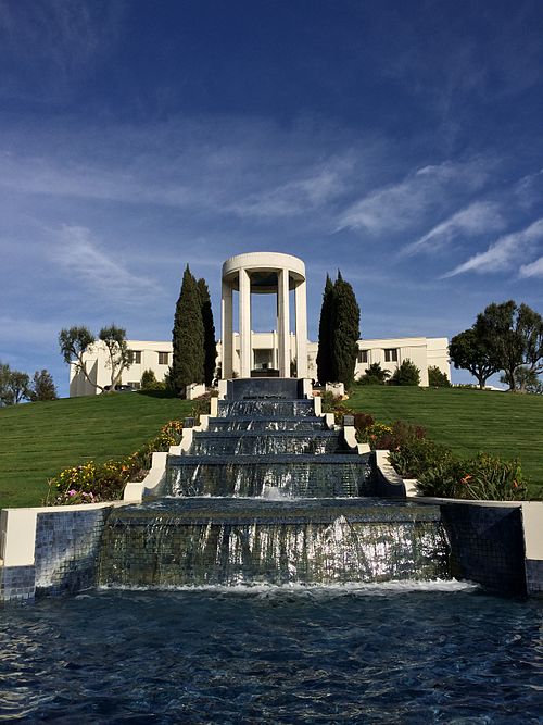 Waterfall and Al Jolson monument at Hillside Memorial Park