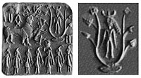 Horned deity with one-horned attendants on an Indus Valley seal. Horned deities are a standard Mesopotamian theme. 2000-1900 BCE. Islamabad Museum.[128][web 12][129][130]