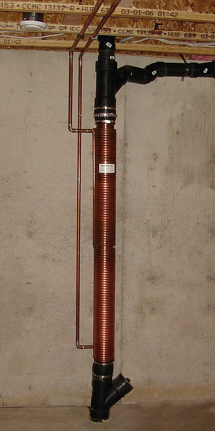 Installation of a double-walled copper-on-copper heat exchanger in a vertical section of the master drain line in a Canadian home (2007).