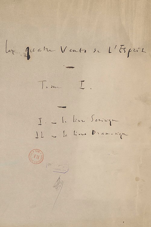 Titre écrit par Victor Hugo en tête du manuscrit original des Quatre Vents de l’Esprit.