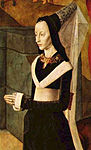 Maria Portinari of Bruges wearing a high but still truncated hennin, with a veil hanging from the top and black lappets or underhood, 1476–78.