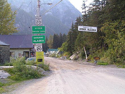 The western terminus of Highway 37A at the Canada-United States border, directly adjacent to Hyder and several miles southwest of downtown Stewart.