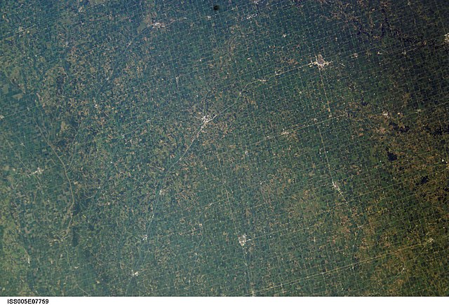 View of Crawford County and adjacent counties, with Dennison just above the center. Taken from the International Space Station on July 14, 2002.