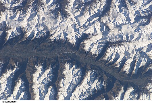 Glacier de la Plaine Morte in photo from ISS, Bernese Alps between Adelboden and upper Rhone valley