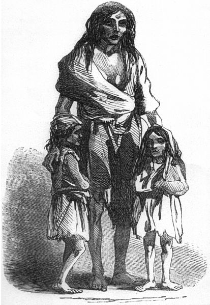 An 1849 depiction of Bridget O'Donnell and her two children during the famine.