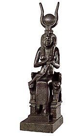 Isis with horns Isis Enthroned-Egyptian-650-BCE.jpg