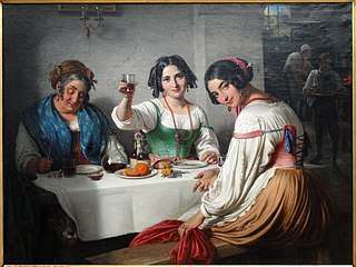 <i>Italian Osteria Scene, Girl welcoming a Person entering</i> 1847 painting by Wilhelm Marstrand