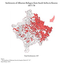 Settlements of Albanian refugees, as a result of the expulsion of the Albanians by the Serbian forces during 1877-1878. Izgon Albancev in naselitev Kosova.jpg
