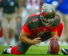Jake Schum of the Tampa Bay Buccaneers holding for a field goal attempt in 2015. Jacob Schum (cropped).jpg