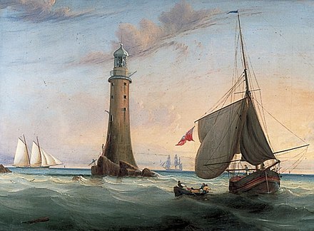 Early 19th-century painting of the lighthouse by John Lynn, showing the reflectors in place in the lantern.