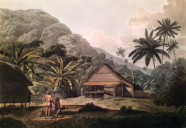 In 1780, crew members of HMS Discovery found the island as a friendly place whose vegetation was dense and lush; illustration by John Webber (1751–179