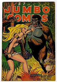 Although Sheena (pictured above) was not the first "jungle girl," she brought in her look - a leopard-skin bikini - a novel feature that would be widely replicated. JumboComics99.jpg