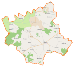 Mapa konturowa gminy Karnice, blisko centrum po prawej na dole znajduje się punkt z opisem „Cerkwica”