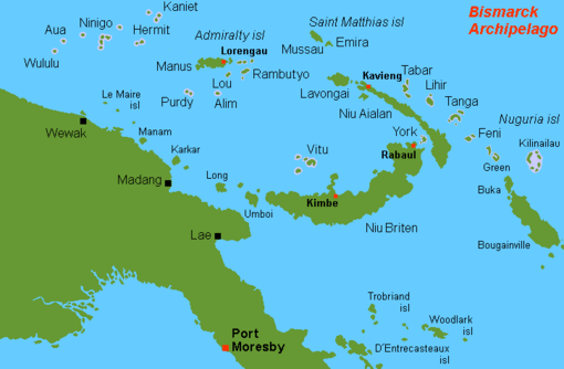 Mappa dell'arcipelago di Bismark. Le isole Ninigo sono in alto a sinistra