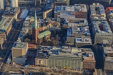 Klara kyrkan seen in the aerial picture of Norrmalm, with Sergels Torg in the background