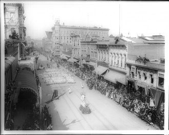 The 1903 Fiesta de Los Angeles parade La Fiesta de Los Angeles parade, Spring Street, north from First Street, 1903 (CHS-5012).jpg
