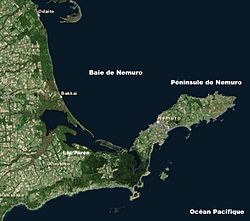 Vue satellitaire de la baie de Nemuro (Landsat).