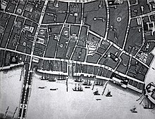 Legal Quays between Billingsgate Dock and the Tower of London in John Rocque's plan of 1746. Behind Legal Quays lies Thames Street, with its warehouses, sugar refineries and cooperages.