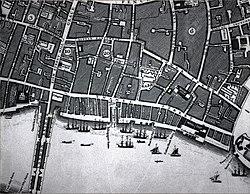 Legal Quays between Billingsgate Dock and the Tower of London in John Rocque's plan of 1746. Behind Legal Quays lay Thames Street, with its warehouses, sugar refineries and cooperages. Legal Quays 1746.jpg