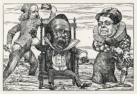 Plate IX - Fit the Seventh: The Banker's Fate. After being attacked by a Bandersnatch: He was black in the face, and they scarcely could trace The least likeness to what he had been: While so great was his fright that his waistcoat turned white-- A wonderful thing to be seen!