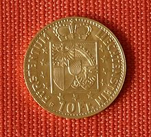 10 Liechtenstein franc gold coin from 1946, 2.90 g fine gold, minted according to the Latin Monetary Union standard Liechtenstein Franz JosefII Revers.JPG