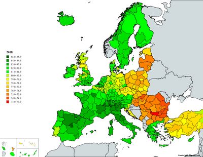 ОПЖ в регионах Греции на фоне других регионов Европы в 2018, 2019 и 2022 годах, согласно Евростату[1][2] (легенды на картах одинаковые) 