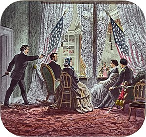Afbeelding van Lincoln die door Booth wordt neergeschoten terwijl hij in een theatercabine zit.
